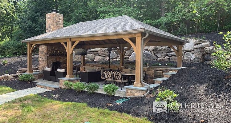 wood pavilion in backyard garden